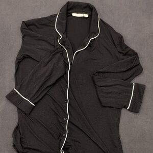 Black Button-Up Pajama Top with White Trim